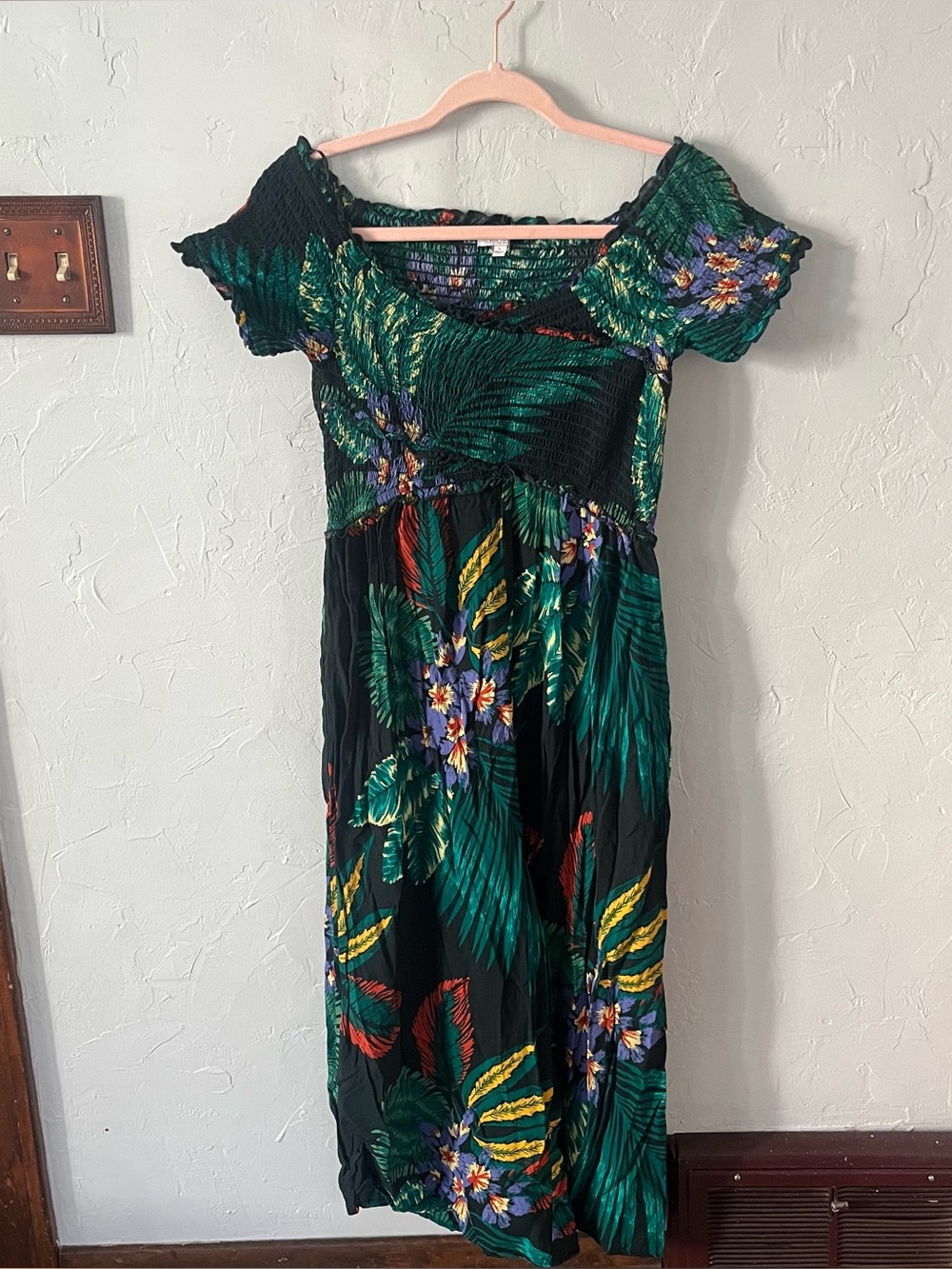 Patrons of Peace Large Tropical Floral Smocked Bodice Jumpsuit Palazzo Wide Leg